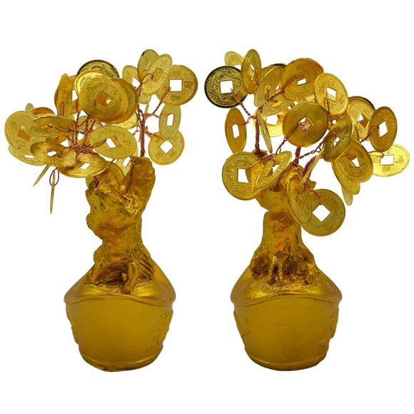 Golden 5.5 In Chinese Lucky Coin Tree on Gold Ingot Feng Shui Wealth Prosperity - Picture 3 of 4